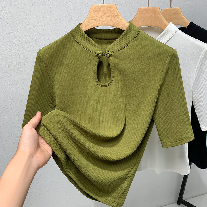 Dame kortærmet shirt med elegant nøgleudskæring og moderigtigt ribdesign Stilla