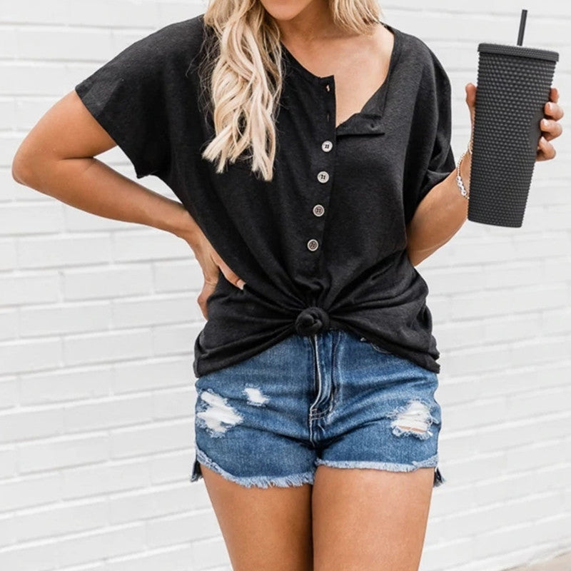 Dame Casual T-shirt med knude-detalje og praktiske knapper Stilla