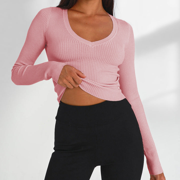 Dame figurtilpasset rib-crop-top med V-udskæring og lange ærmer Stilla