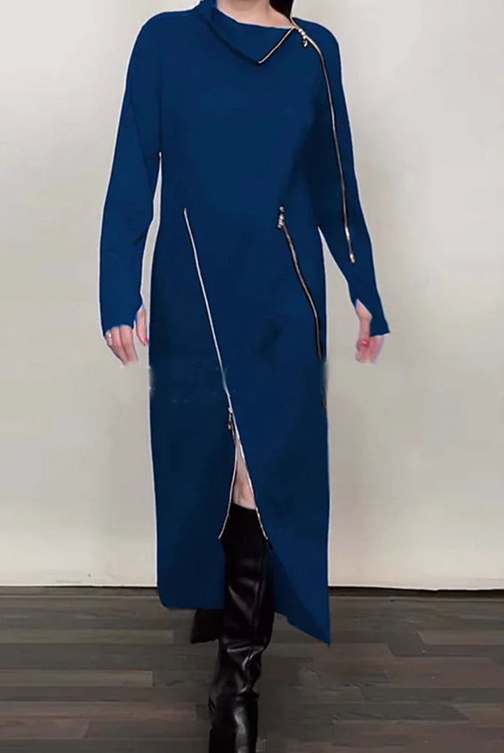 Dame nan langes strikkjole med asymmetrisk metallyzipper og frontsplit Skovae