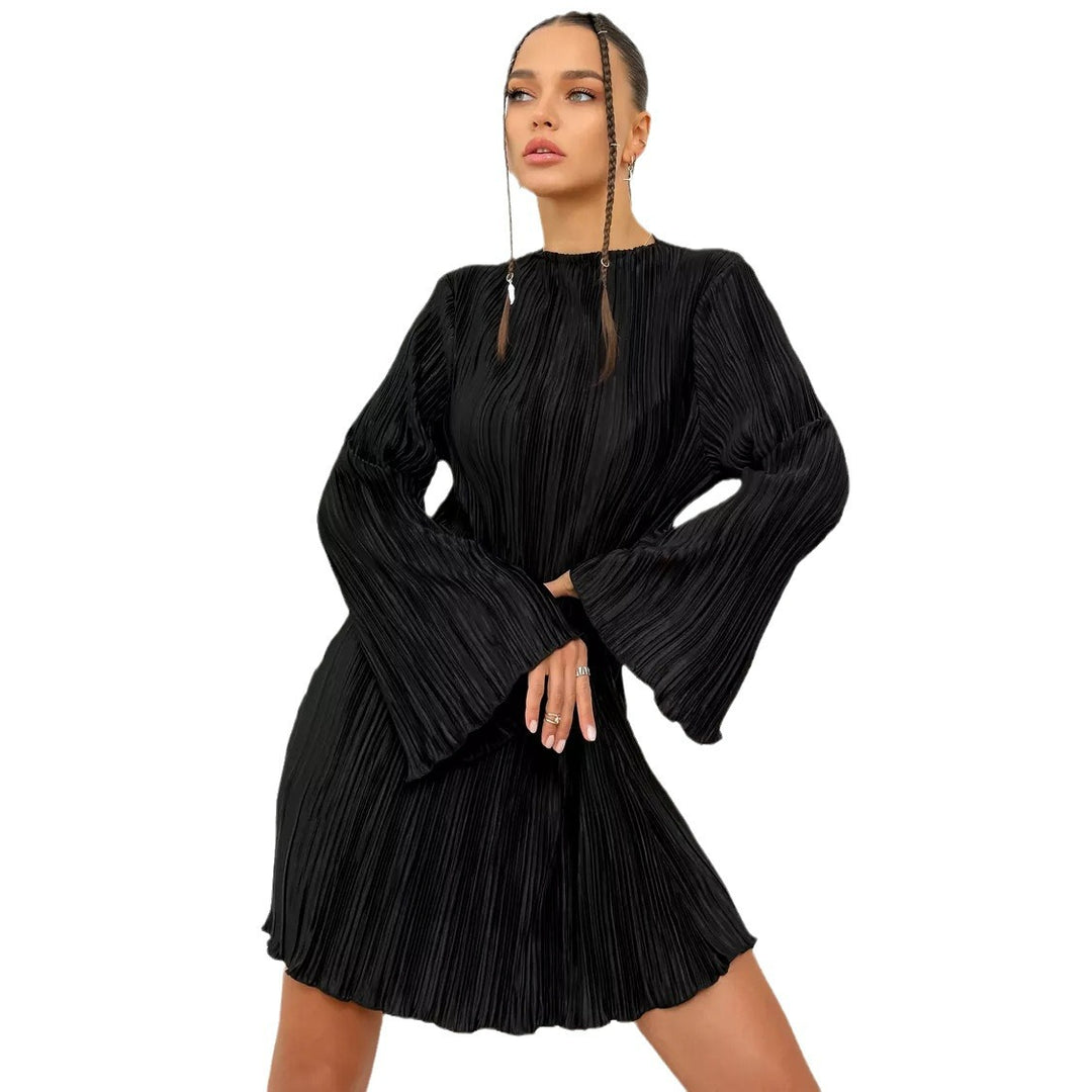 Dame Plisseret Mini-Kjole med Lang Ærme og Elegant Ståkrave Stilla