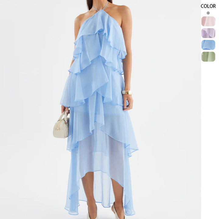Kvindelige chiffon maxi kjoler med flerlags flæser Skovae