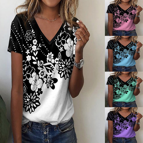 Dame T-shirt med blomstermønster og elegant V-udskæring Stilla
