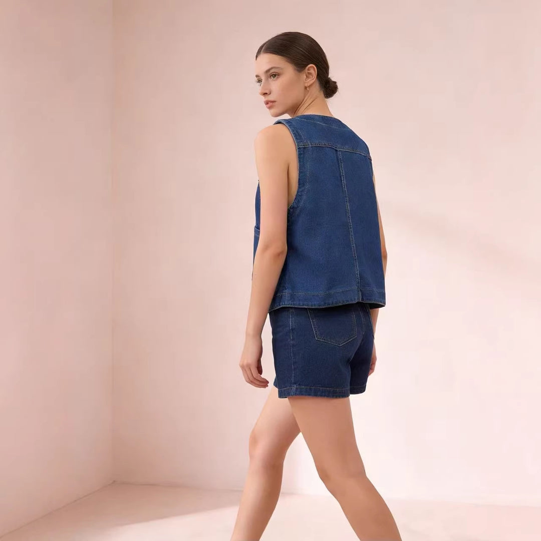 Dame casual denim vest med knapdetaljer og påsyede lommer Skovae