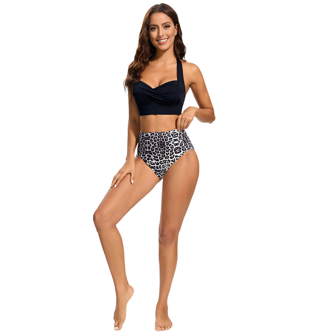 Damer Højtaljet Bikini-Sæt med polstret Top og Leoparddesign Skovae
