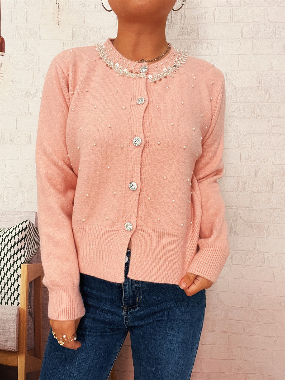Kvinders cardigan med perle trim Stilla