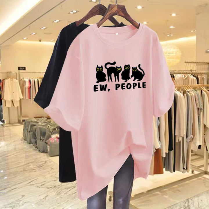Dame T-shirt med humoristisk katte-design og casual pasform Stilla
