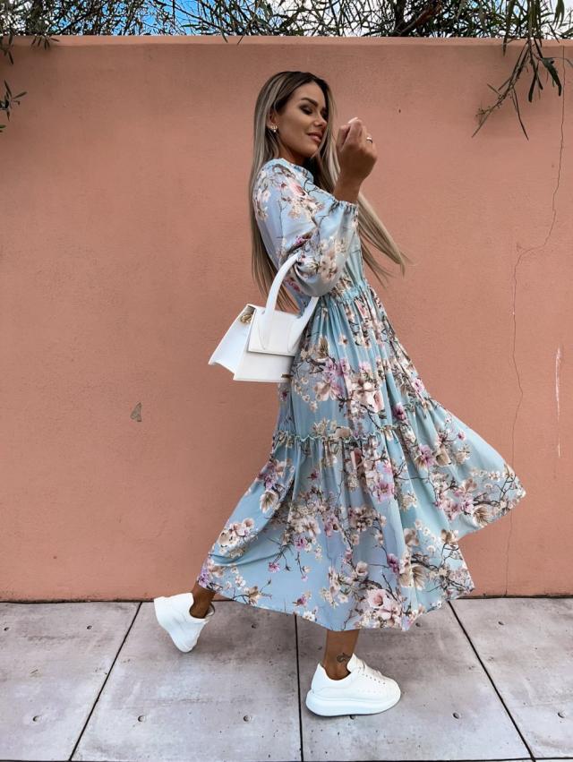 Dame blusekjole med blomsterdetaljer og taljebælte Stilla