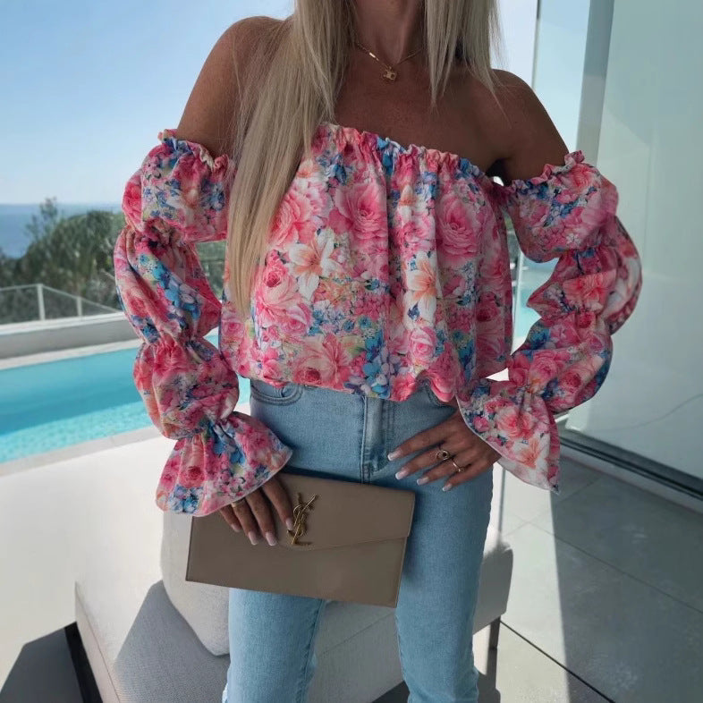 Dame Off-Shoulder Blomster Puffærmer Top Stilla