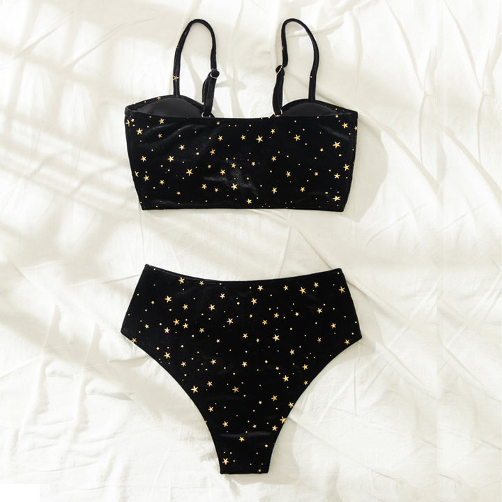 Damehøjtaljeret bikini med glamourøst stjernemotiv Skovae