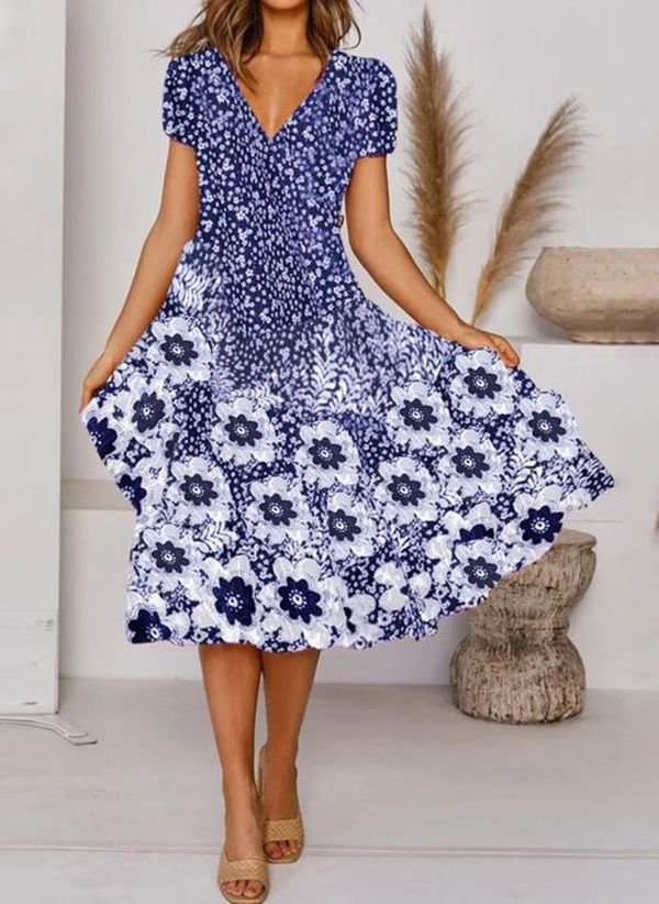 Dame fritidsmaxikjole med blomstermotiver og V-udskæring Stilla