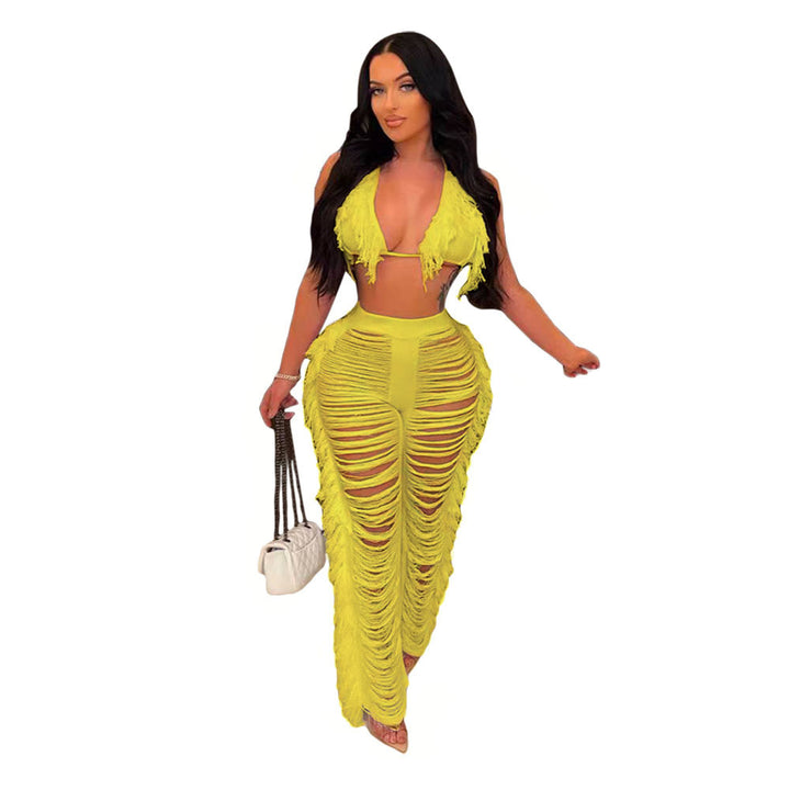 Dame Strandoutfit med frynset Crop-Top og afslappet Bukser Stilla