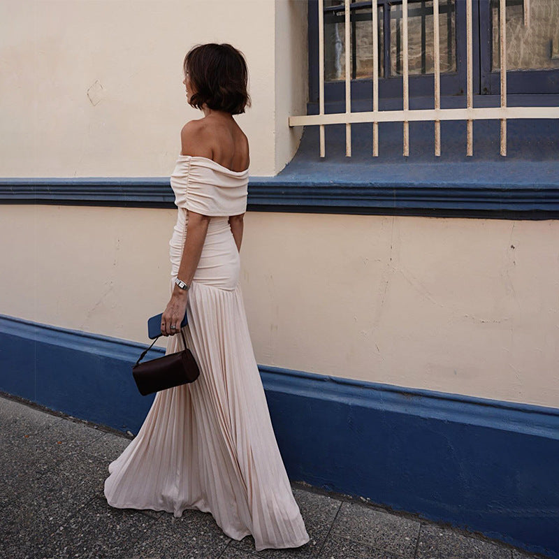 Dame Off-Shoulder Maxikjole med bløde rynker og elastisk talje Stilla