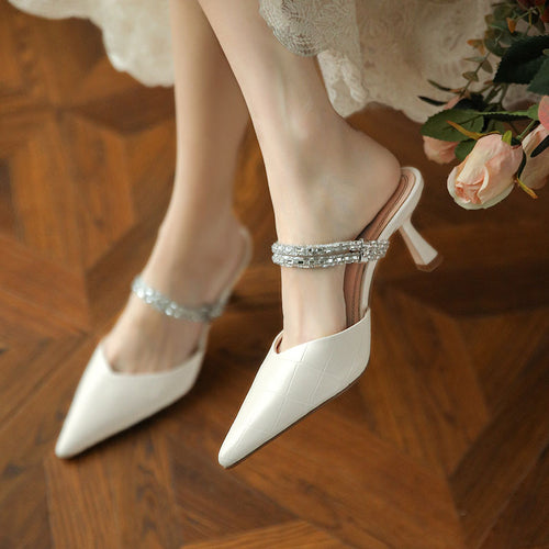 Femme Spids Tå Slingback Høje Hæle med Rhinestones Detalje Stilla