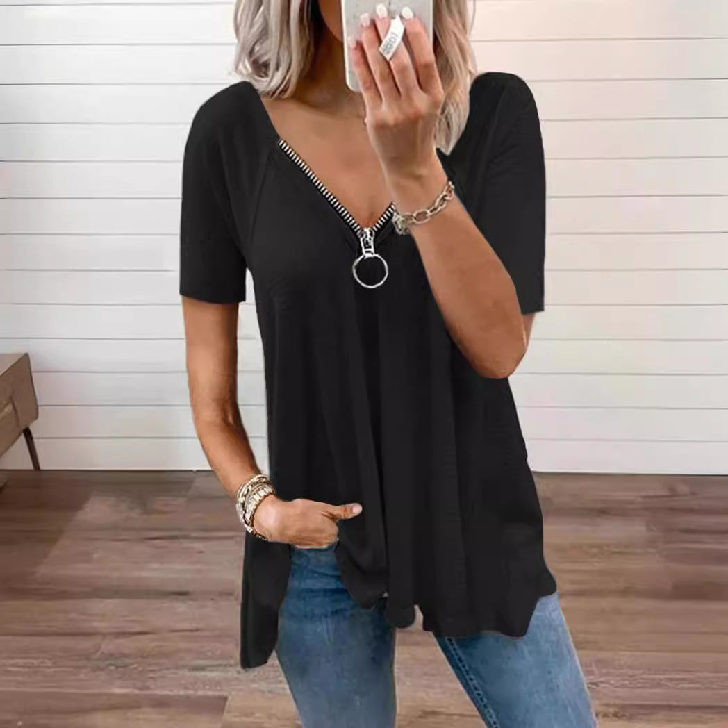 Dame afslappet T-shirt med rund halsudskæring og lynlås detalje Stiila