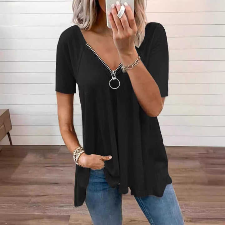 Dame afslappet T-shirt med rund halsudskæring og lynlås detalje Stiila
