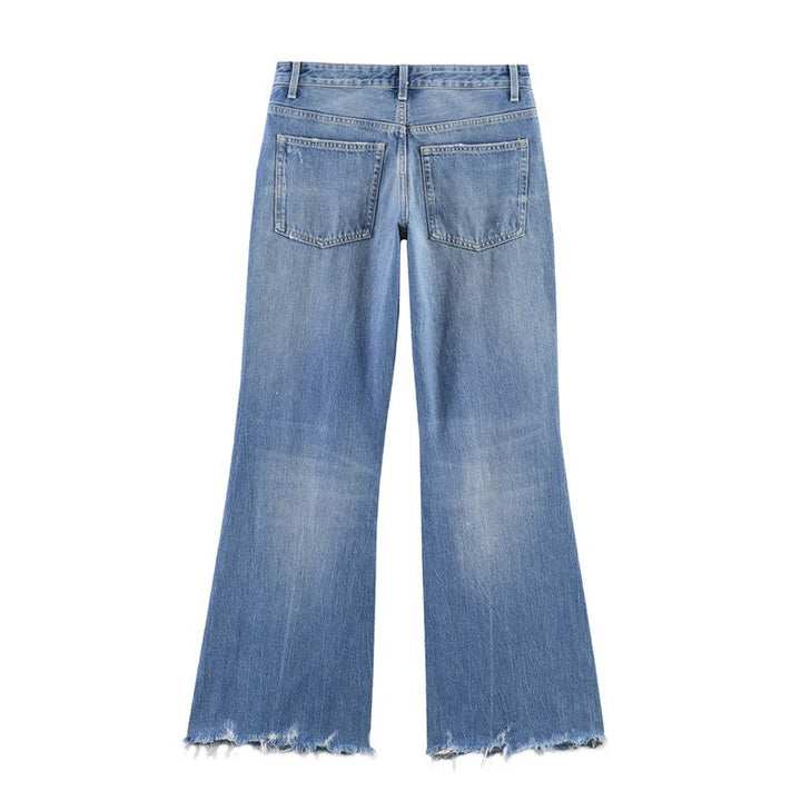 Dame flared jeans i brugt look med frynser og destroyed-detaljer Skovae