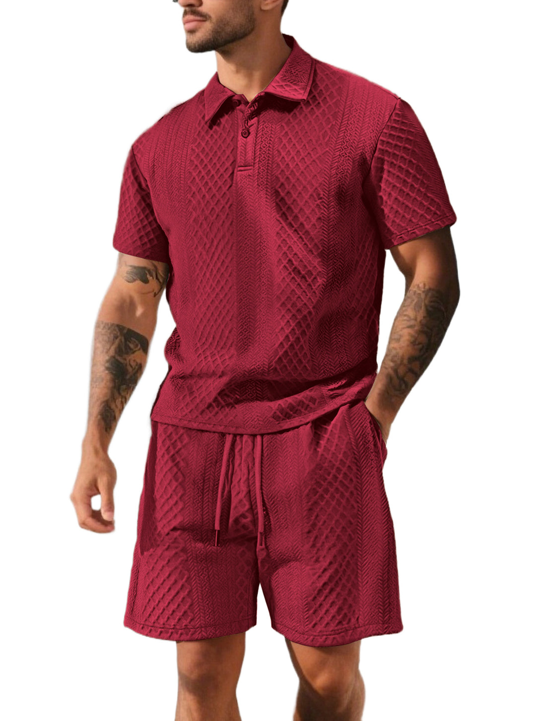 Herrer nan struktureret polo-shirt- og bermuda-shorts-sæt fra quiltet bomuldsblanding Skovae