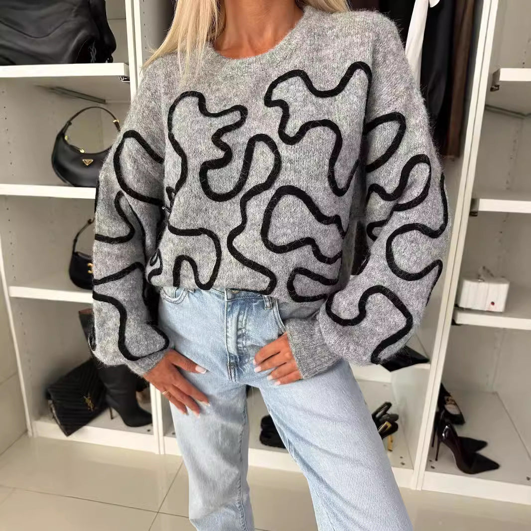 Kvindernes hyggelige strikkede sweater med kunstnerisk mønster Stilla