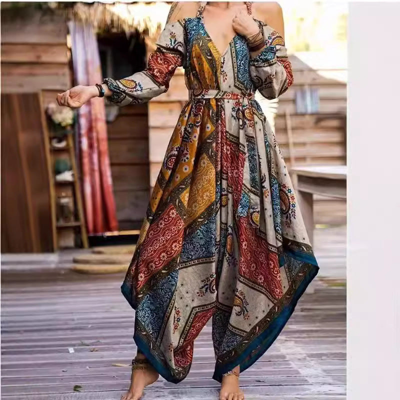 Dame Langt Vavede Kjole med Legende Mønster og Off-Shoulder Design Skovae