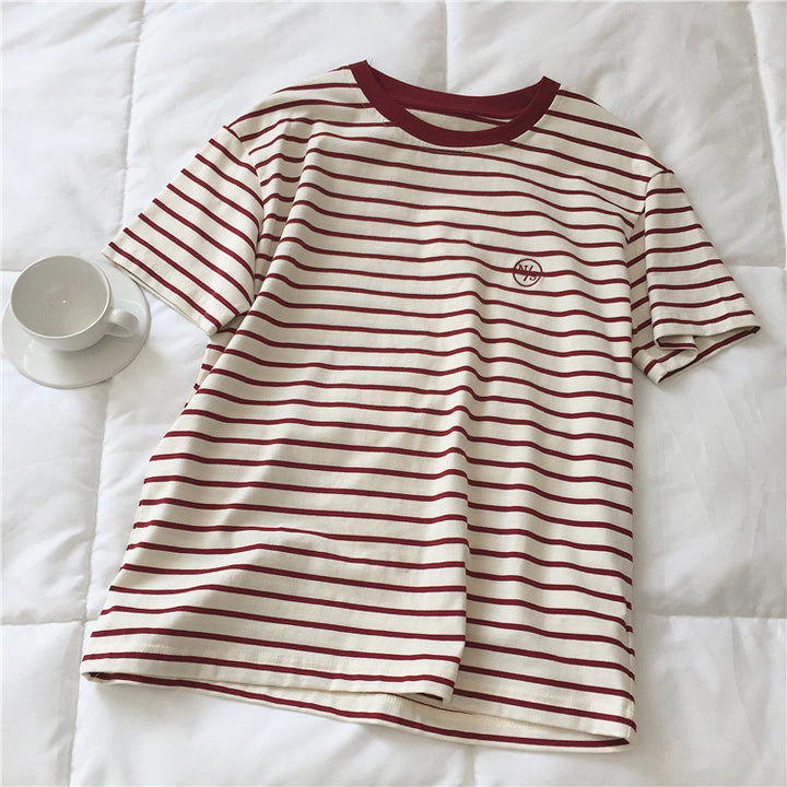 Femme stribet bomulds-rundhalset-TEE med logo-dekoration Stilla