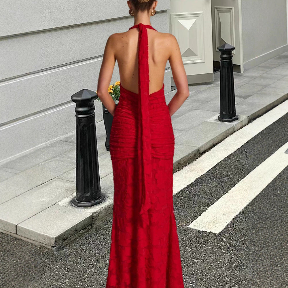 Damer Elegant Maxi Kjole med Dyb V-Hals og Volang Design