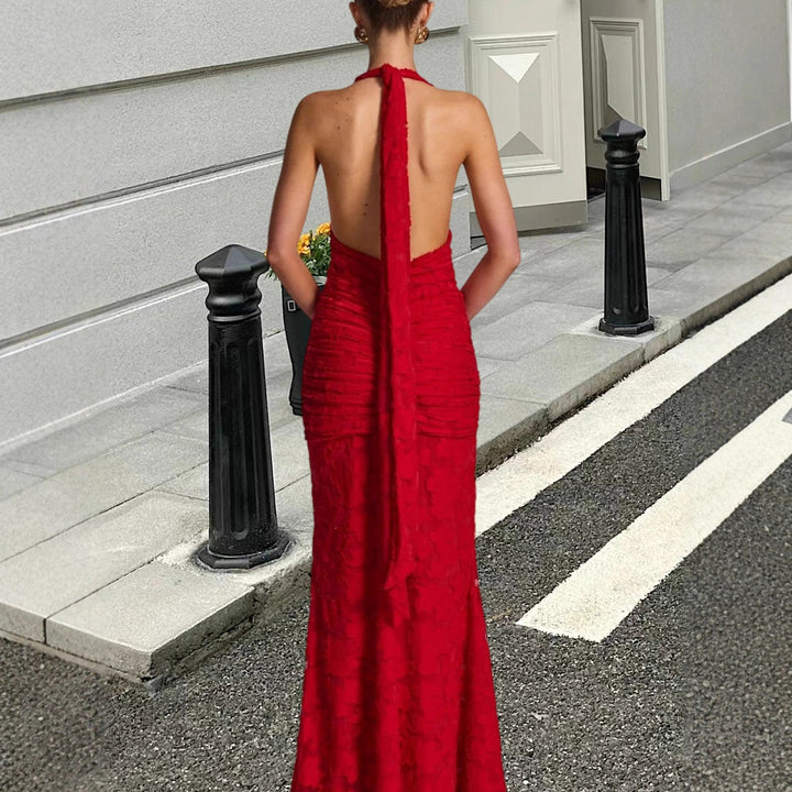Damer Elegant Maxi Kjole med Dyb V-Hals og Volang Design