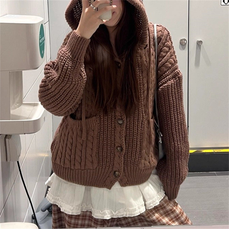 Kvinders hyggelige strikket cardigan med hætte og store lommer Stilla