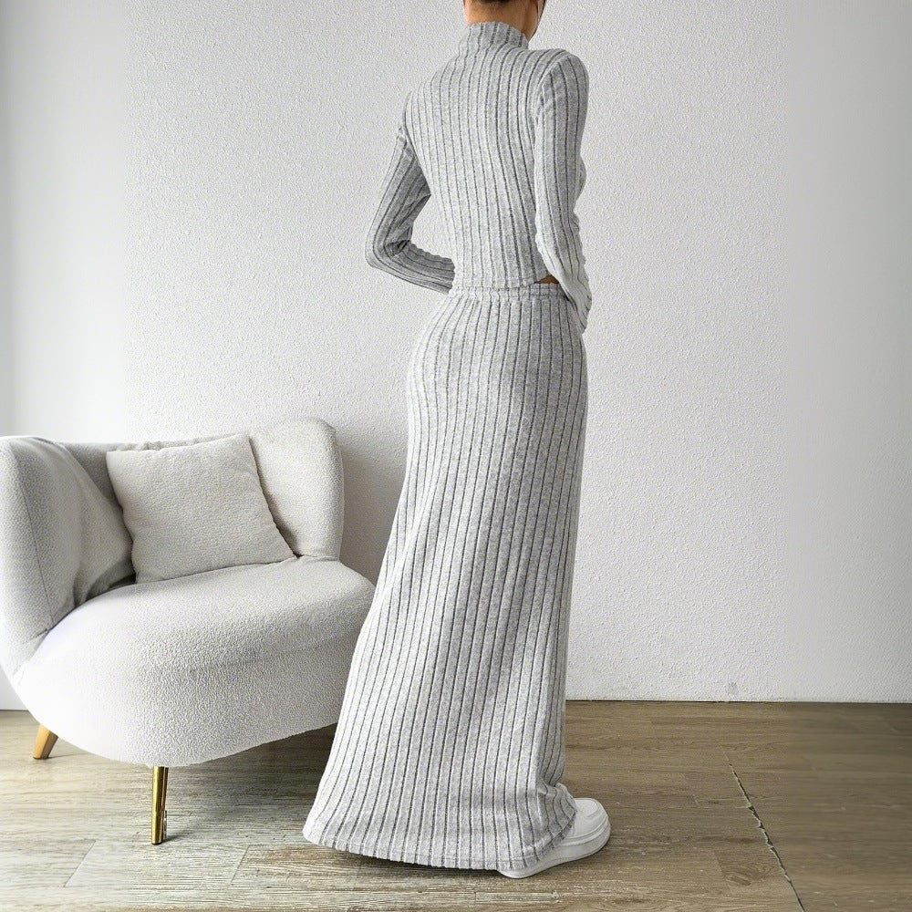 Damer Langærmet Crop Top og Maxi Skirt Sæt med Elegant Ribbet Tekstur Stilla