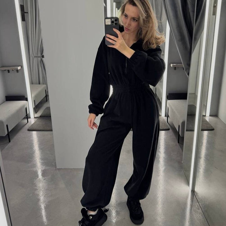 Kvinders fleece jumpsuit med høj krave og elastisk talje