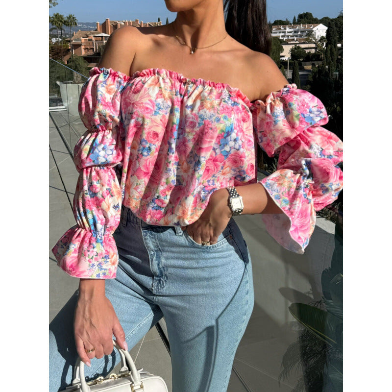 Dame Off-Shoulder Bluse med Blomsterprint og Flæseærmer Stilla