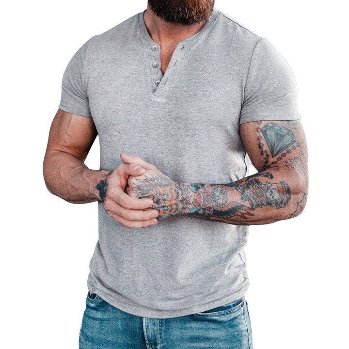 Herrer kortærmet Henley T-shirt med moderigtig krave og praktisk knapdesign Stilla