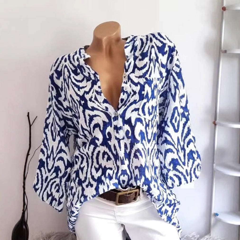Dame nan locker skåret tunika-bluse med Ikat-mønster, V-hals og trekvartærmer Skovae
