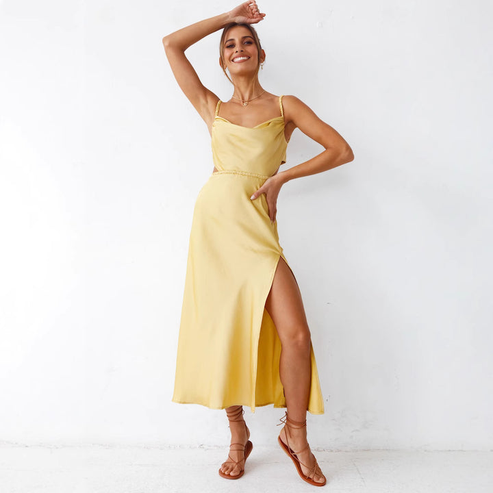 Ladies Satin Maxi Dress with Elegant Wrap Design and Refined Ruffles