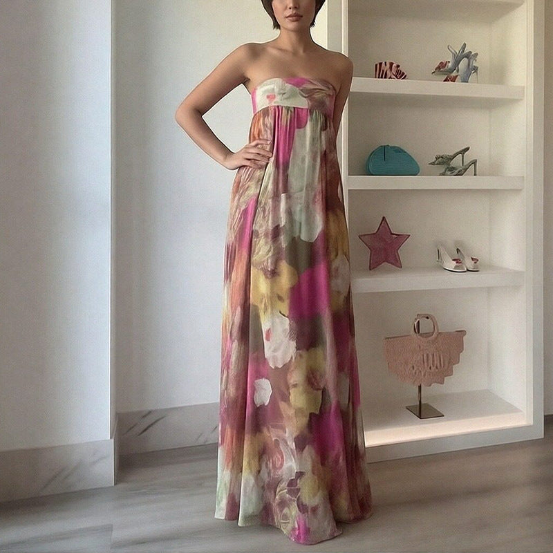 Kvinders Lange Strandkjole med Off-Shoulder Design og Blomster Mønster Stilla