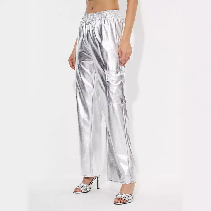 Kvinders cargo bukser i skinnende metallic look med elastisk talje Stilla
