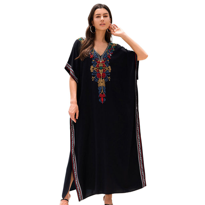 Dame lang kaftan kjole med detaljeret farverig broderi Stilla
