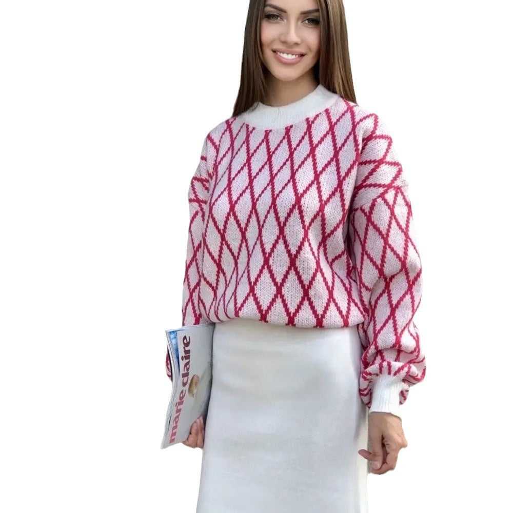 Femme Artistic Diamond Pattern Strikpullover Stilla