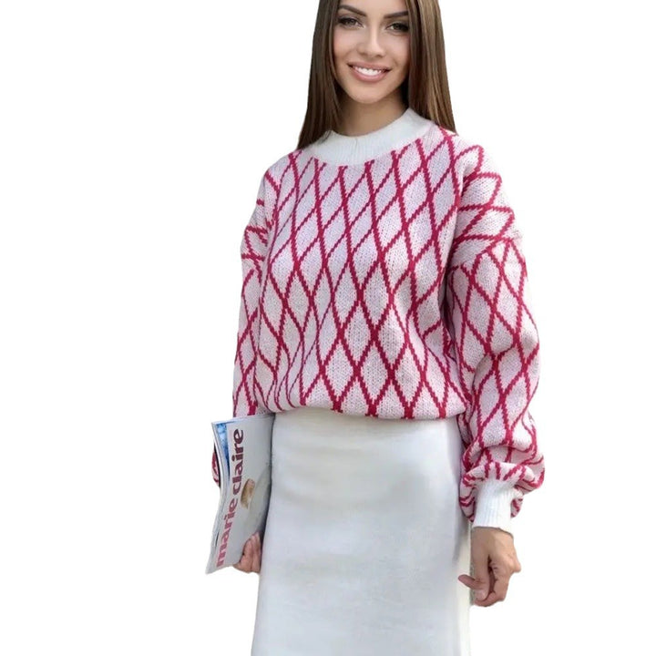 Femme Artistic Diamond Pattern Strikpullover Stilla