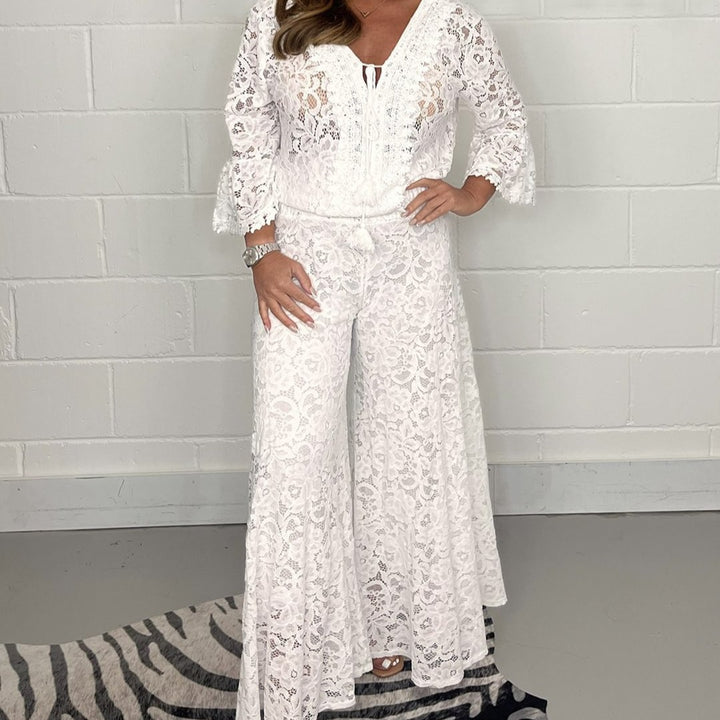 Dame Elegant spidse-outfit med bredt udfoldet bukseben og bindebånd Stilla