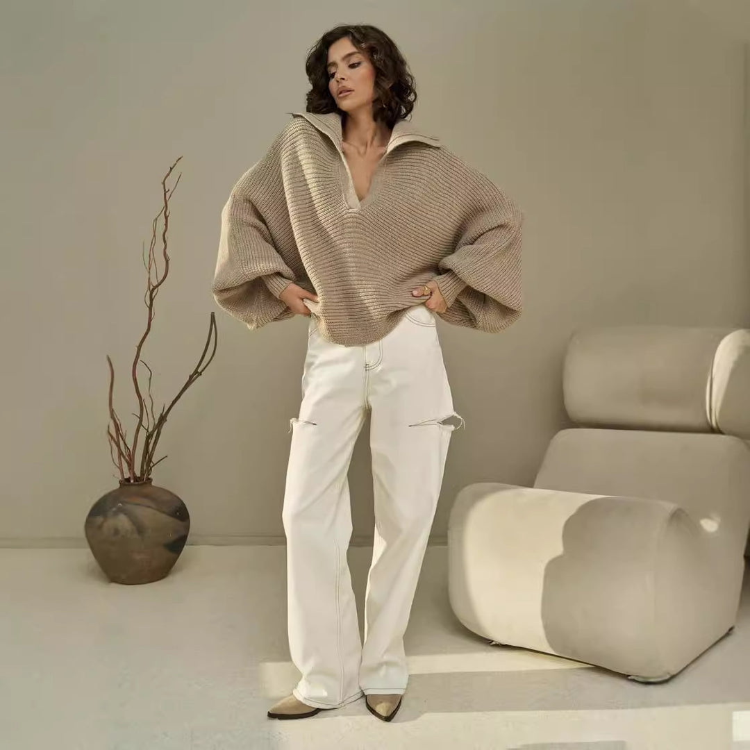 Dame afslappet strikpullover med oversized krave Stilla