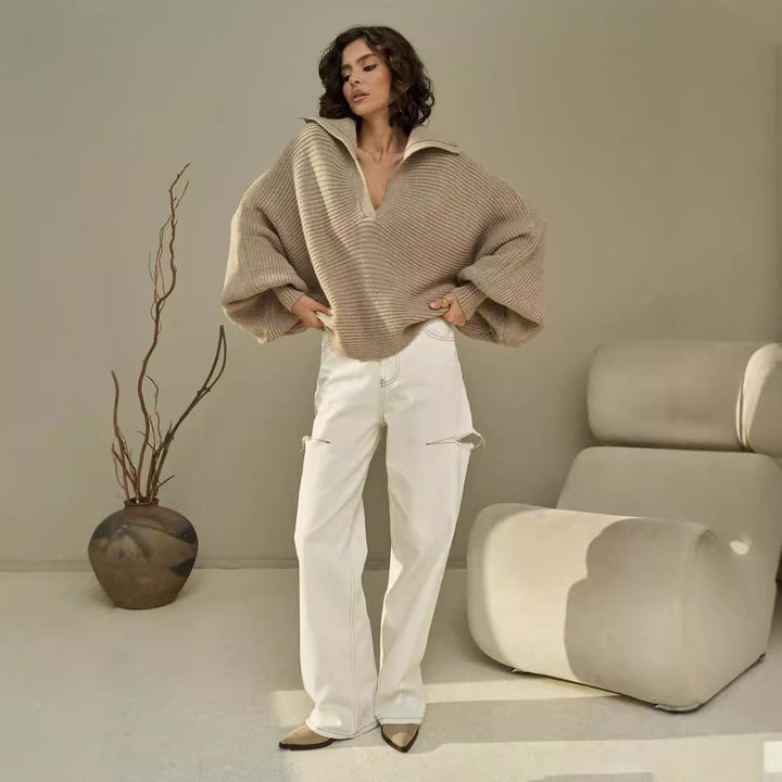 Dame afslappet strikpullover med oversized krave Stilla