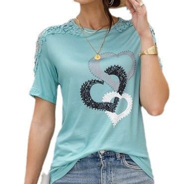 Dame T-shirt med hjertegrafik og spidsdetaljer Stilla