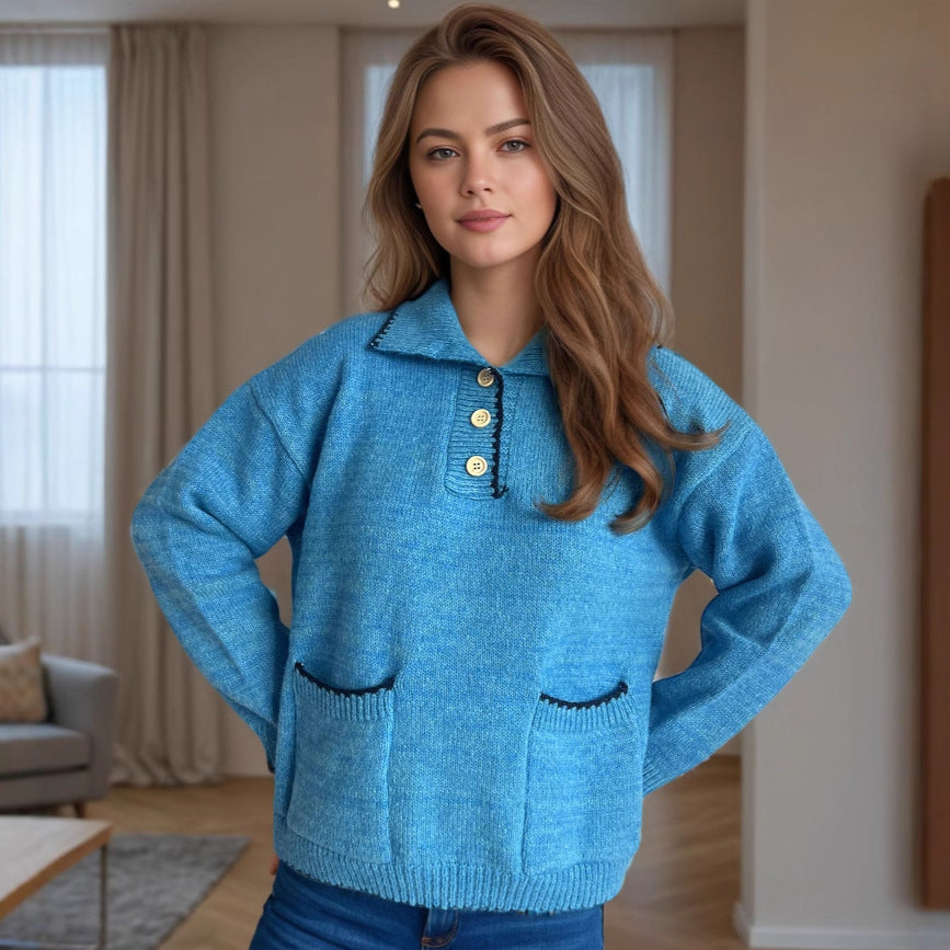 Kvinders afslappede strikket sweater med knaplukning og påsynede lommer Stilla