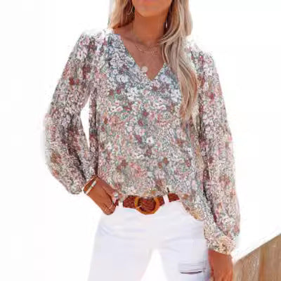 Dame bluse med blomster mønstre og V-hals Stilla