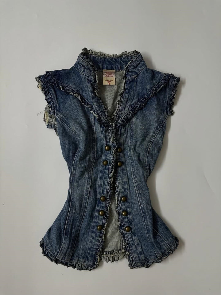 Dame denimvest med legende flæse-design Skovae