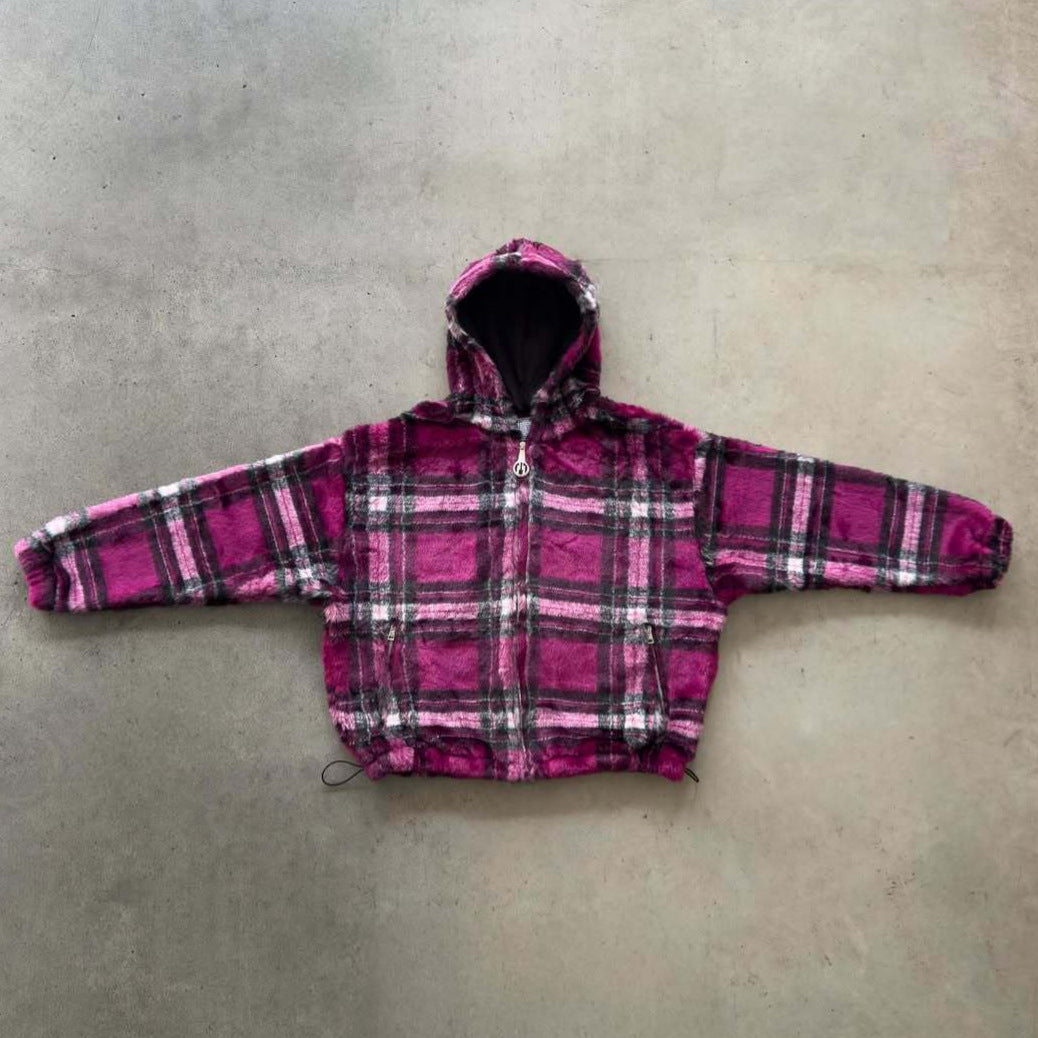 Unisex nan forede plaid-fleece-bomberjakke med hætte snøre og lynlås-lommer Skovae