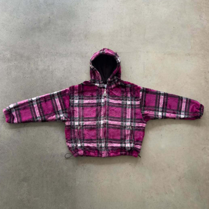 Unisex nan forede plaid-fleece-bomberjakke med hætte snøre og lynlås-lommer Skovae
