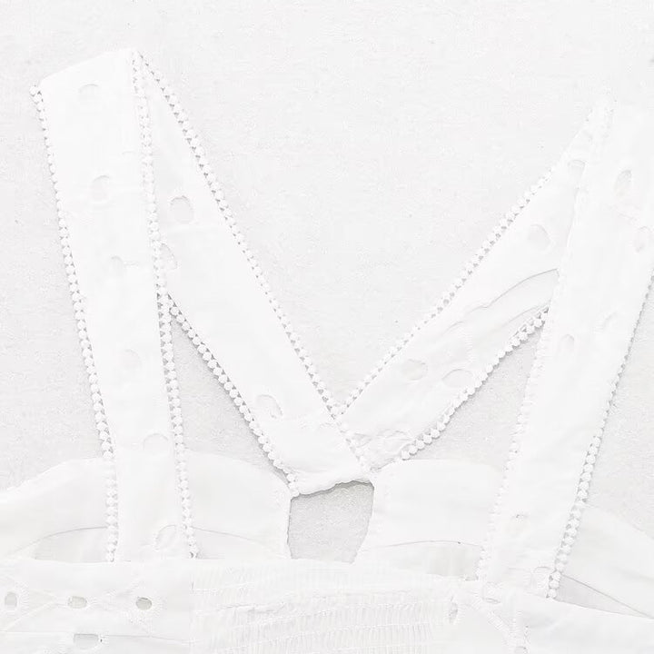 Dame Brokat-Crop-Top med elegant udfletning og dekorerede stropper Skovae