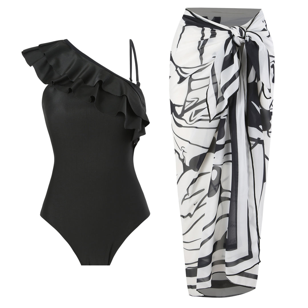 Dame badedragt med asymmetrisk flæse og matchende sarong Stilla